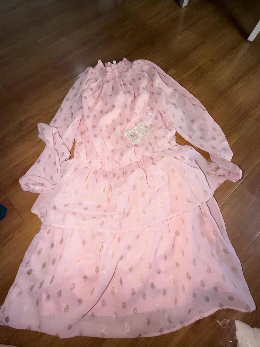 Women's Pink Long Sleeve Tiered Dress with Gold Foil Dots